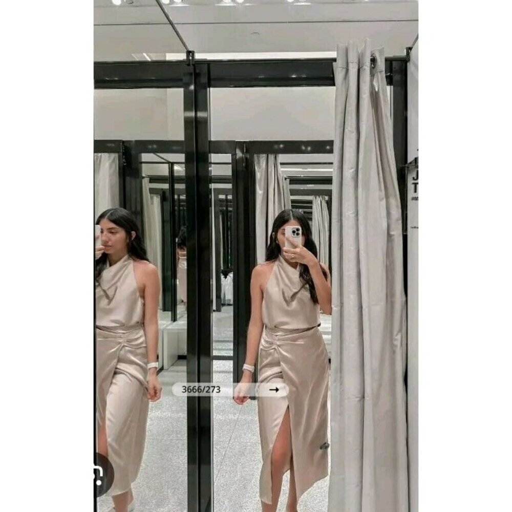 NWT_ZARA ECRU SATIN MIDI SKIRT DRAPED ZIP. 3666/273 13.5 Ptp Gold